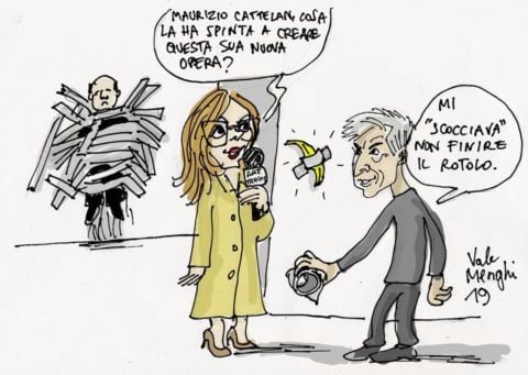 Helga Marsala che intervista Cattelan nella vignetta di Valentino Menghi