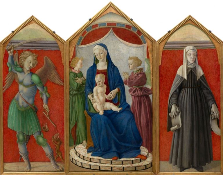 Maestro di Pratovecchio, Vergine col Bambino su un trono con due angeli..., anni '50 del XV secolo