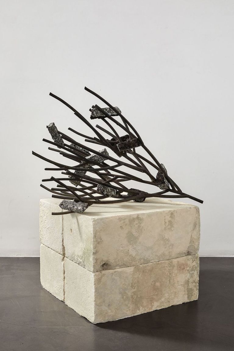 Michele Mathison, Artery, 2018, steel, asphalt, tufo (limestone), 88x69x75 cm. Courtesy Galleria Anna Marra, Roma