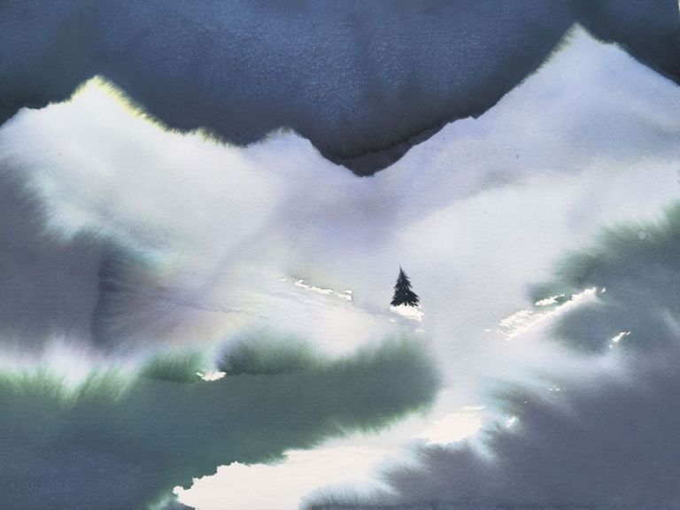 Nicola Magrin, illustrazione per Una balena va in montagna di Ester Armanino, acquarello su carta, 28x38 cm