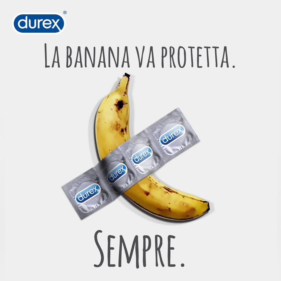 Pubblicità di Durex ispirata a Comedian di Cattelan 1 Cattelan, l’ironico e il tragico: intorno a una banana e oltre. L'opinione di Helga Marsala