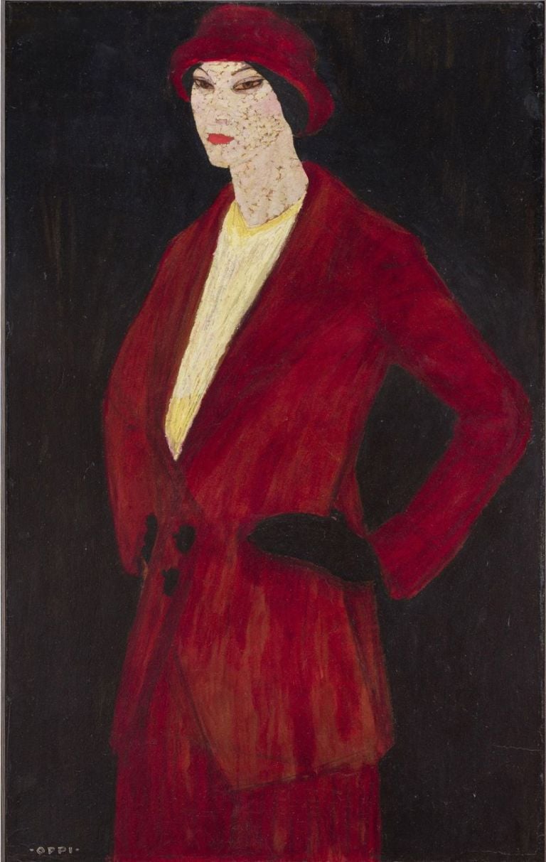 Ubaldo Oppi, Biacca Minio Bistro (Donna con abito rosso), 1913. Olio su cartone. Museo Civico d’Arte, Modena
