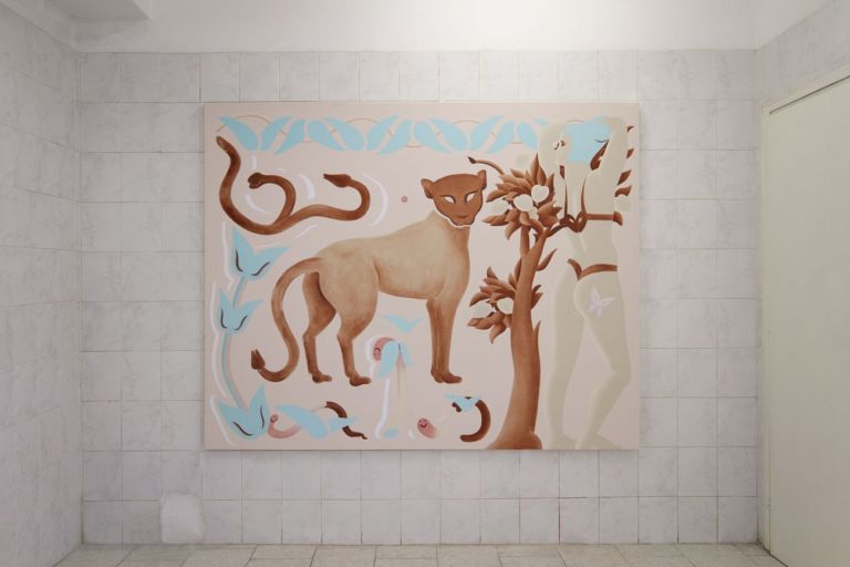 Viola Leddi, Lovable Creatures III, 2019, two components, oil and acrylic on canvas, 215 x 171 and 116 x 171 cm. Photo siliqoon agency