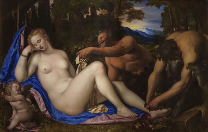 Simone Peterzano , Venere e Cupido con due satiri nel paesaggio 1570 1573, olio su tela Milano, Pinacoteca di Brera