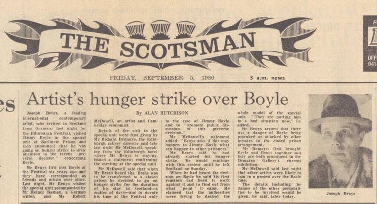 Alan Hutchison, Artist’s Hunger Strike over Boyle, The Scotsman, 5 settembre 1980. Demarco Digital Archive