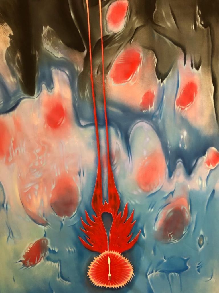 Diego Gualandris, Forchetta cadente, 2019, tempera su tela, 205x140 cm