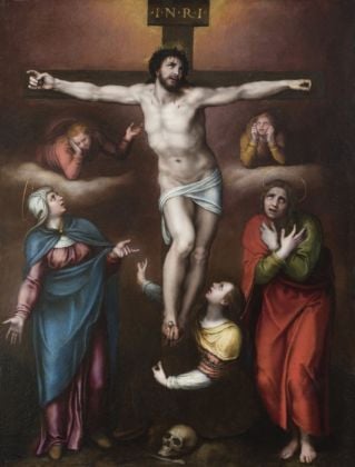 Marcello Venusti, Cristo vivo sulla croce con la Vergine, san Giovanni Evangelista e santa Maria Maddalena, 1550 60, olio su rame, cm 40x30. Roma, collezione privata