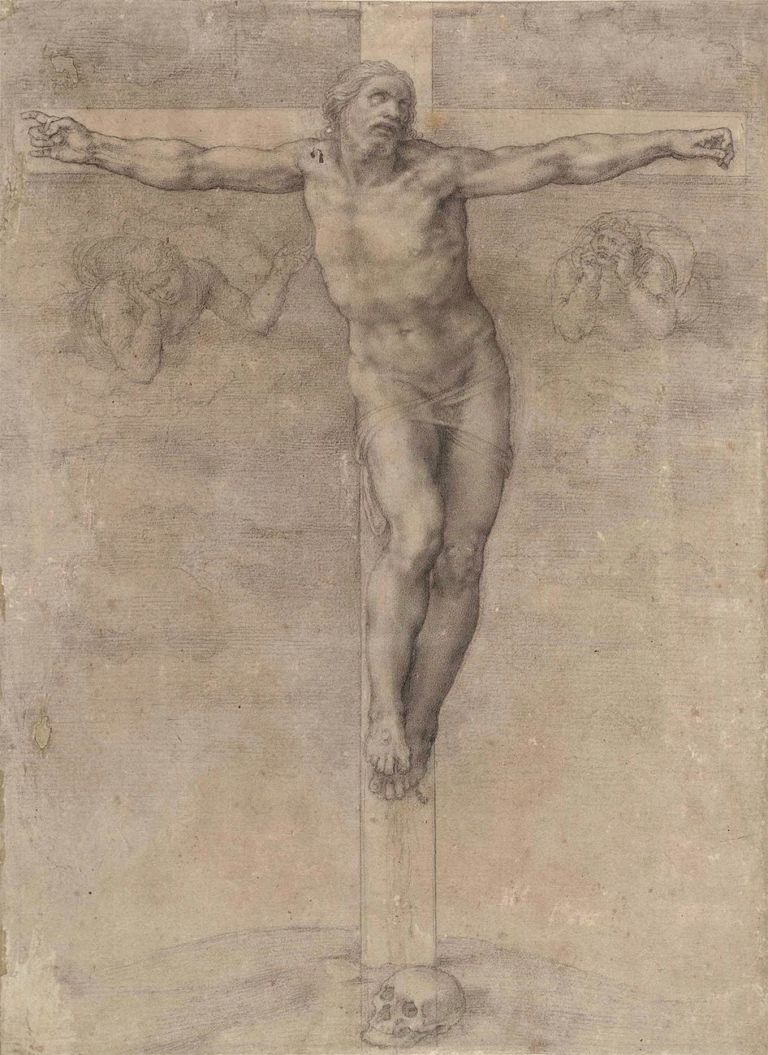 Michelangelo Buonarroti, Crocifisso con due angeli dolenti, 370 x 270 mm, riproduzione. Londra, The British Museum, Department of Print and Drawings