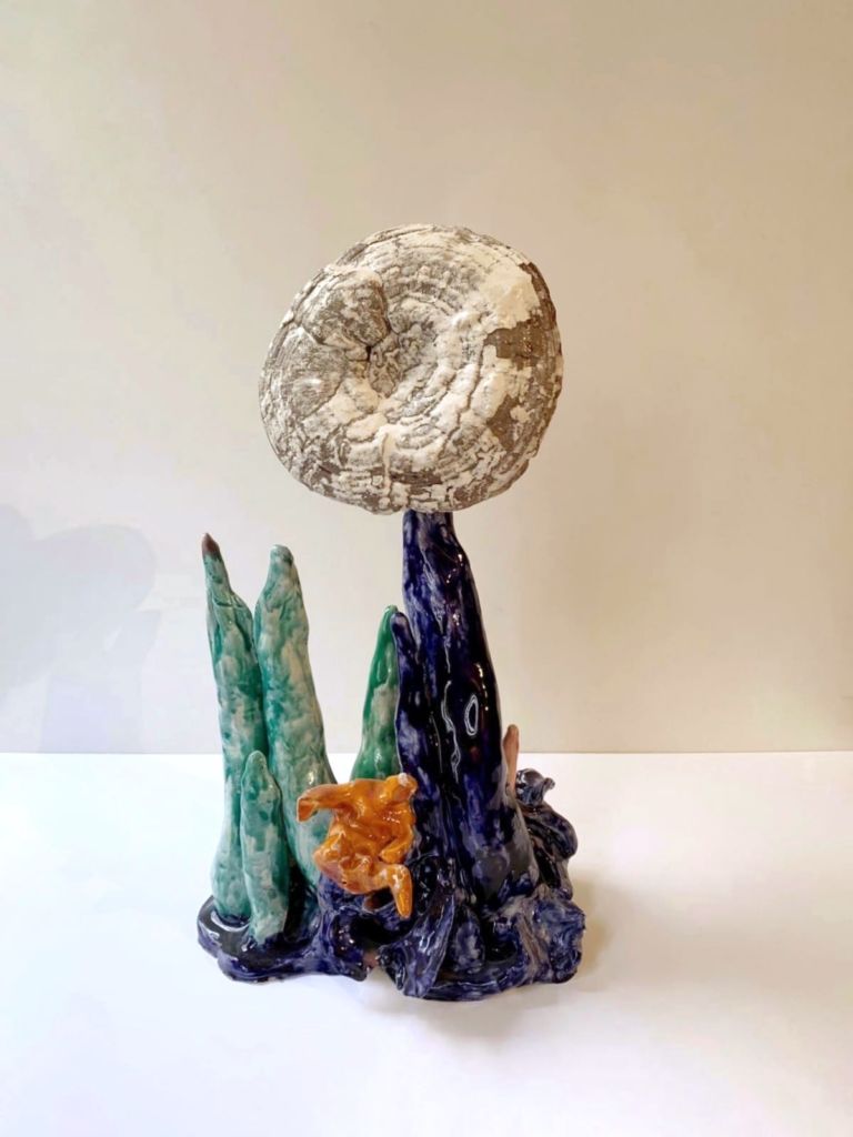 Michele Ciacciofera, Earth Island #2, 2018, glazed ceramic, dried ganoderma lucidum, acrylic, 53x29x29 cm