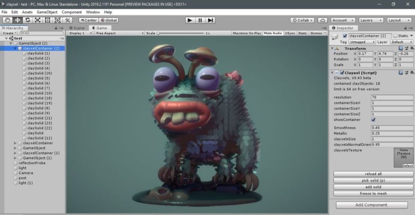 Una schermata di Clayxels, strumento per la modellazione 3D per videogiochi sviluppato da Andrea Interguglielmi