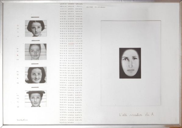 Vincenzo Agnetti, L’età media di A, 1973, tecnica mista, collage fotografico e scrittura a china, 99x145 cm. Courtesy Building