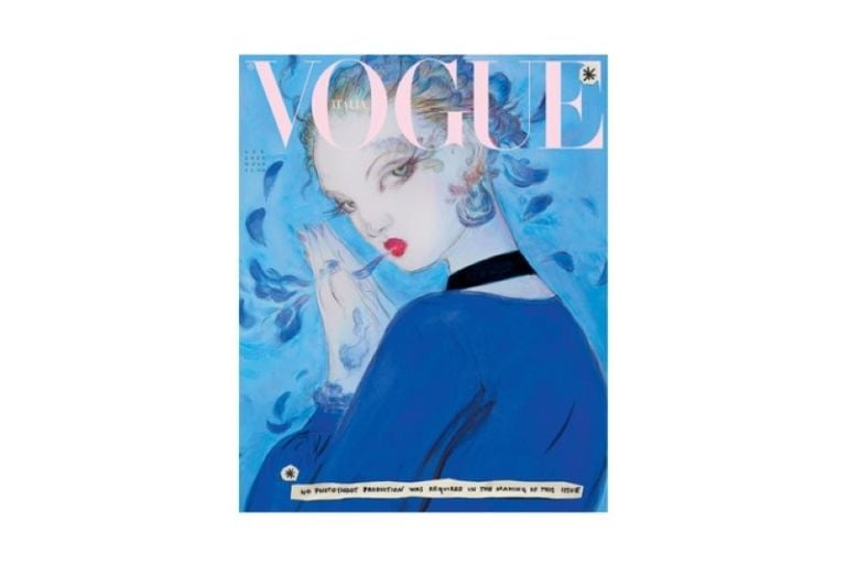 ARTIST: Yoshitaka Amano. MODEL: Lindsey Wixson. Abito di seta e choker di pelle GUCCI. Credits Vogue Itlia