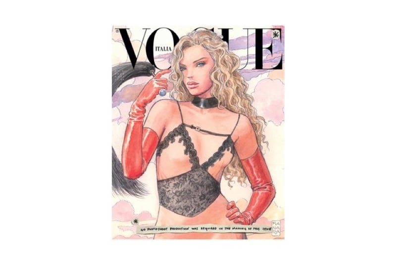 ARTIST: Milo Manara MODEL: Olivia Vinten Top di chiffon con inserti di pizzo, spalline in pelle con fibbia motivo G, choker di pelle, guanti di latex e frustino con manico di pelle GUCCI. Credits: Vogue Italia