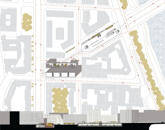 Planimetria dell'area di progetto con nuovo assetto della mobilità; per il Laboratorio di Progettazione Architettonica 1M. Autori: Arturo Becchetti, Allegra Eusebio e Fabrizio Felici.
