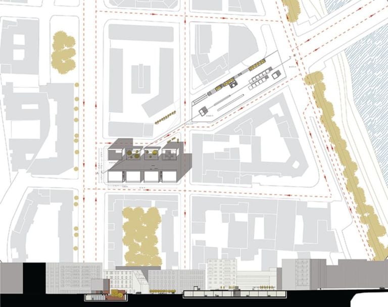 Planimetria dell'area di progetto con nuovo assetto della mobilità; per il Laboratorio di Progettazione Architettonica 1M. Autori: Arturo Becchetti, Allegra Eusebio e Fabrizio Felici.