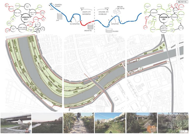 Planimetria e schemi del progetto proposto per il concorso internazionale ROME 2017 - 21th Century River Reinascence. Autori: Arturo Becchetti, Fabrizio Felici, Lorenzo Marino e Luca Trulli