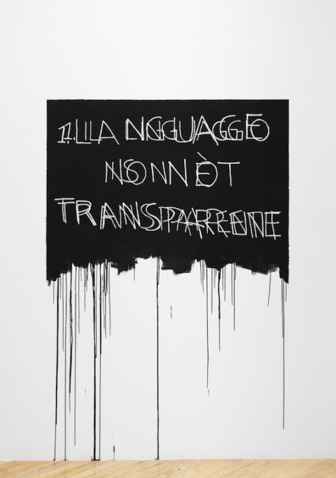 Mel Bochner, Language Is Not Transparent (Italian / English), 1970/2019, oil pastel and acrylic on wall, 72 x 48 in. (182.8 x 121.9 cm). Courtesy the artist.