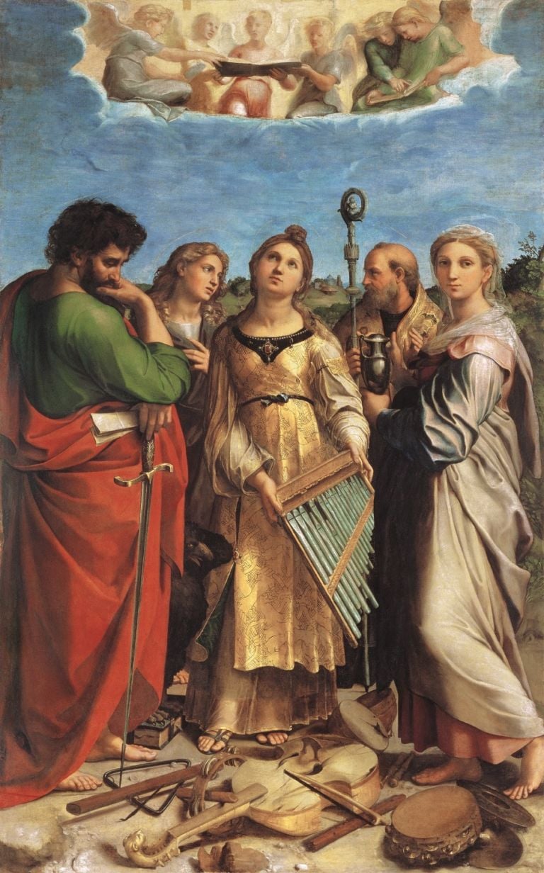 Raffaello, Santa Cecilia con i santi Paolo, Giovanni Evangelista, Agostino e Maria Maddalena (Estasi di Santa Cecilia), ante 1518, tavola trasportata su tela. Bologna, Polo Museale dell’Emilia Romagna, Pinacoteca Nazionale - Su concessione del Ministero per i Beni e le Attività Culturali e del Turismo, Polo Museale dell’Emilia Romagna