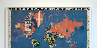 lighiero Boetti, Mappa, 1983, embroidery on fabric, 45 1/2 x 70 x 1 in. (115 x 177.8 x 2.5 cm). Photo by Marco Anelli. Courtesy the Olnick Spanu Collection.
