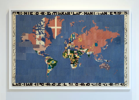 lighiero Boetti, Mappa, 1983, embroidery on fabric, 45 1/2 x 70 x 1 in. (115 x 177.8 x 2.5 cm). Photo by Marco Anelli. Courtesy the Olnick Spanu Collection.