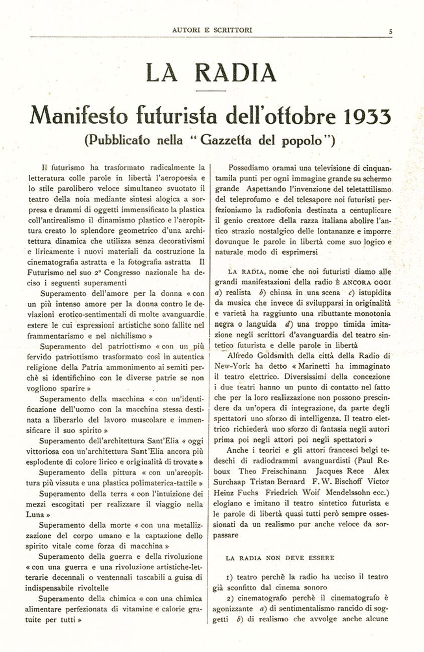 Filippo Tommaso Marinetti & Pino Masnata, La radia. Manifesta futurista, 1933 (ediz. 1941)
