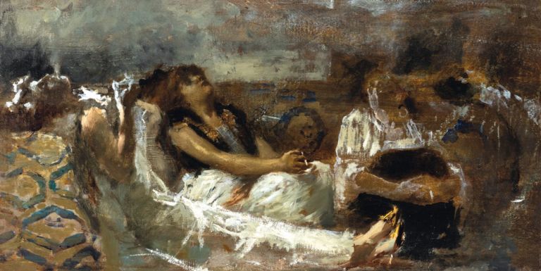 Gaetano Previati, Fumatrice di haschisch o Fumatrice di oppio, bozzetto, 1887, olio su tela, collezione privata