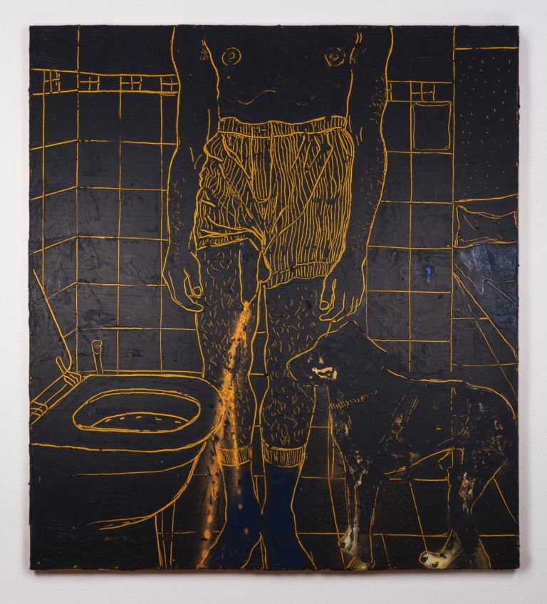 Giuseppe Mulas, I'm waiting from my bathroom for the flowing night, 2019, tecnica mista su tela, cm 200x180. Courtesy Alberto Peola Artecontemporanea