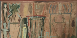 James Brown,St. Bartolomeo I, 1984. Oil, enamel and graphite on linen 73 × 85 1/5 in 185.4 × 216.5 cm Courtesy: Scaramouche loves Aline, Milano