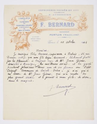 Testimonianza di Félix Bernard a favore di Jean Giono, 10 ottobre 1944. Collezione privata. Photo © David Giancatarina