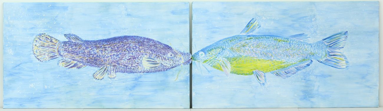 Violette Maillard_ Two electric catfishes kissing, 2019, dittico, acrilico su tela, 282x50 cm