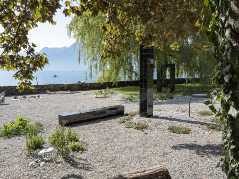 The Derek Jarman garden at La Becque, shown here featuring artworks by Adrien Chevalley, Marie Griesmar, and Prem Sahib. Part of the Modern Nature project, 2019 ongoing. © Julien Gremaud imei co