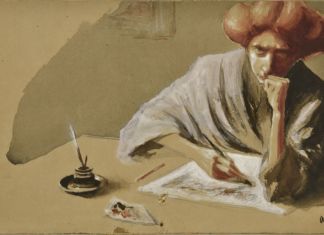 Adriana Bisi Fabbri, Autoritratto al tavolo di lavoro, 1905 06, tempere su cartoncino pressato, 20,3 x 34,5 cm. Collezione G.M.C. Photo Manusardi
