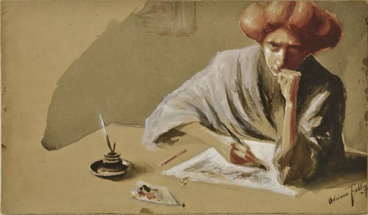Adriana Bisi Fabbri, Autoritratto al tavolo di lavoro, 1905 06, tempere su cartoncino pressato, 20,3 x 34,5 cm. Collezione G.M.C. Photo Manusardi