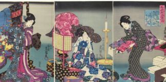 Fashionable brocade patterns of the Imperial Palace, woodblock print, made by Utagawa Kunisada, 1847-1852, Japan. Museum no. Circ.636 to Circ. 638–1962. © Victoria and Albert Museum, London