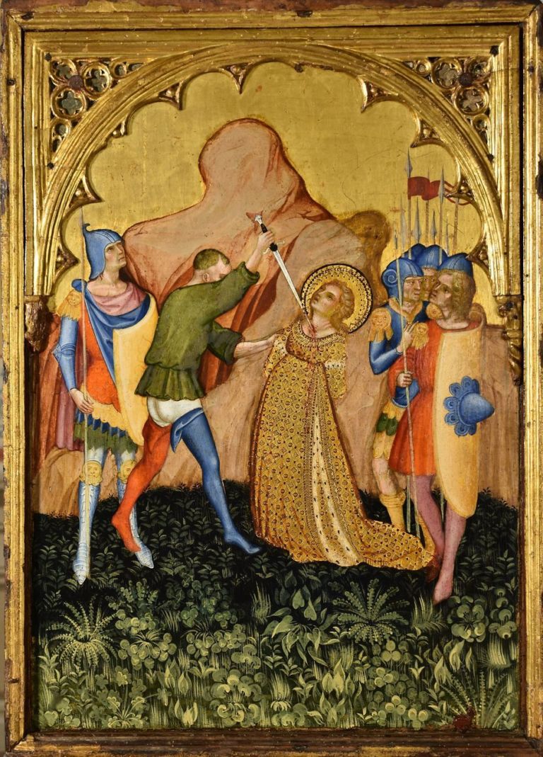 Jacobello del Fiore, Scene della vita di Santa Lucia – Lucia trafitta alla gola dal pugnale del boia, 1410 ca. Pinacoteca Civica, Palazzo dei Priori, Fermo