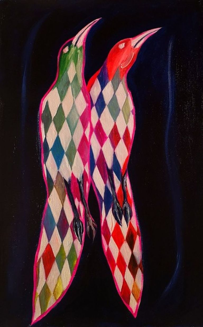 Luigi Presicce, Arlecchini del paradiso, 2020, olio su tela, 67x43 cm