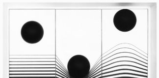 Marcello Morandini, 1 – 1964, già Urto Elastico; Elasticità; Composizione 1, legno laccato e carta (bianco e nero), 50 x 75 x 8 cm, esemplare unico