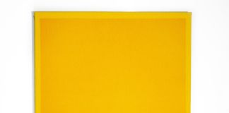 Mathew McWilliams, Underlay, yellow, 2019, pittura e stampa inkjet su tela, cm 38x31,5