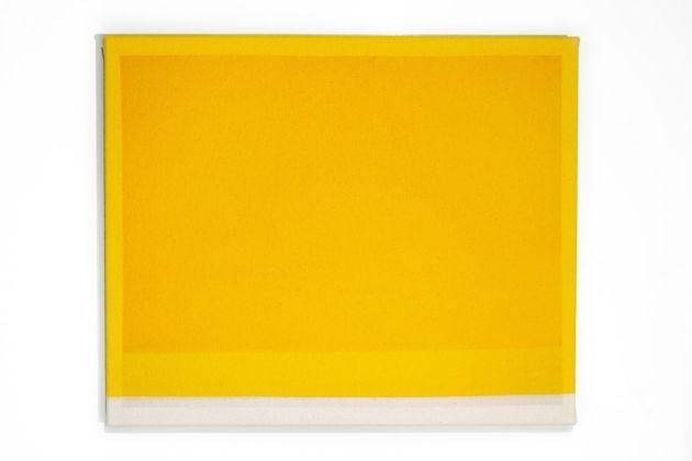 Mathew McWilliams, Underlay, yellow, 2019, pittura e stampa inkjet su tela, cm 38x31,5