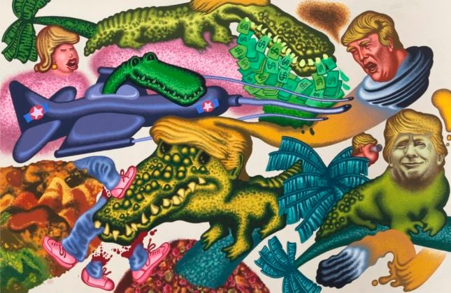 Peter Saul, Donald Trump in Florida, 2017. Acrylic on canvas, 78 x 120 in (198.1 x 304.8 cm). Hall Collection. Courtesy Hall Art Foundation