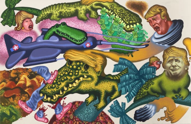 Peter Saul, Donald Trump in Florida, 2017. Acrylic on canvas, 78 x 120 in (198.1 x 304.8 cm). Hall Collection. Courtesy Hall Art Foundation