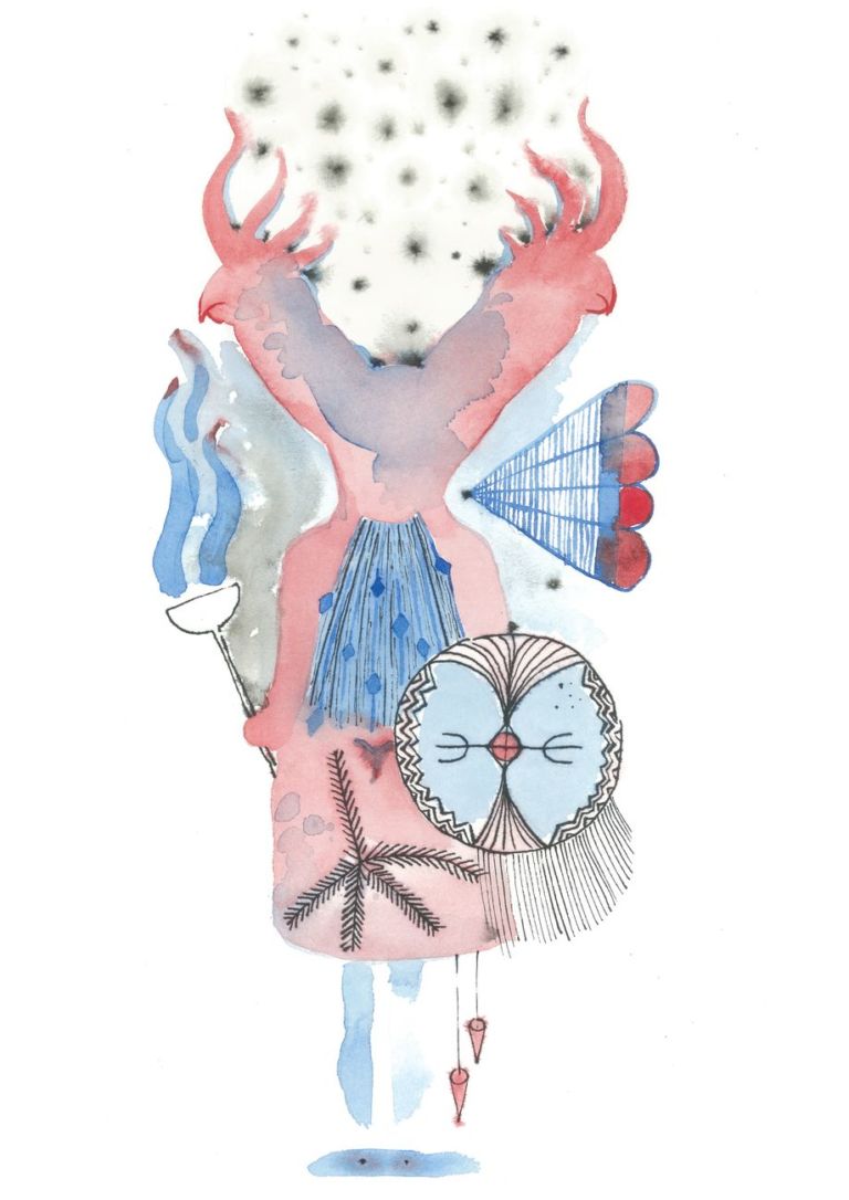 Laura Cionci, Cacatuapower (2020), acquarello e china su carta, 21 x 35 cm