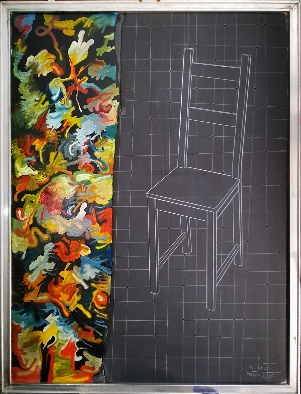 Alfonso Leto, Vita sedentaria, marzo 2020, olio e graffito su ardesia spezzata, 120 x 90 cm