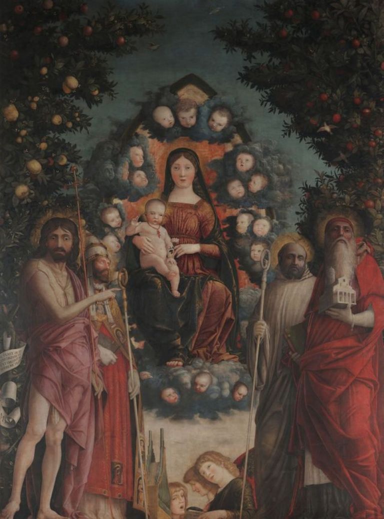 Andrea Mantegna, Madonna con il Bambino e i santi Giovanni Battista, Gregorio Magno, Benedetto e Gerolamo (Pala Trivulzio), 1497. Pinacoteca del Castello Sforzesco, Milano