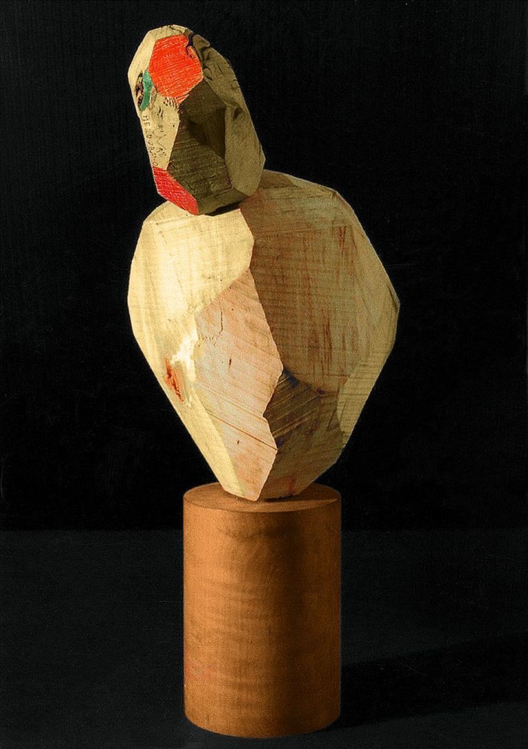 Cesare Leonardi, Testa con idea, 2002, scultura in legno di pioppo, melograno e tiglio. Courtesy Archivio Architetto Cesare Leonardi