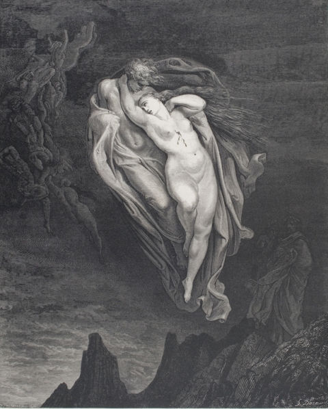 Gustave Dorè Divina Commedia Inferno canto V Le anime di Paolo e Francesca volano unite attirando l'interesse di Dante.