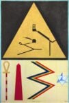 Lucio Del Pezzo, Il ritorno da Gizeh, 1983, collage acquarello colore acrilico su cartoncino, 57,5x38,5 cm, courtesy Galleria Lombardi, Roma