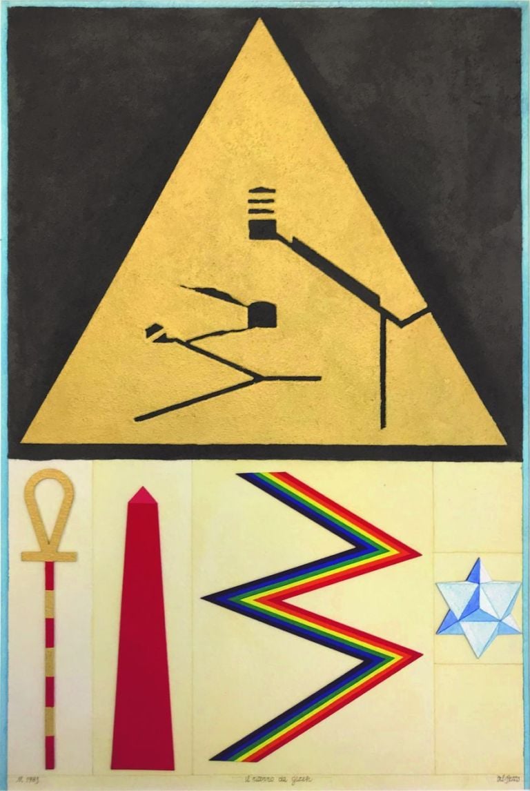 Lucio Del Pezzo, Il ritorno da Gizeh, 1983, collage acquarello colore acrilico su cartoncino, 57,5x38,5 cm, courtesy Galleria Lombardi, Roma