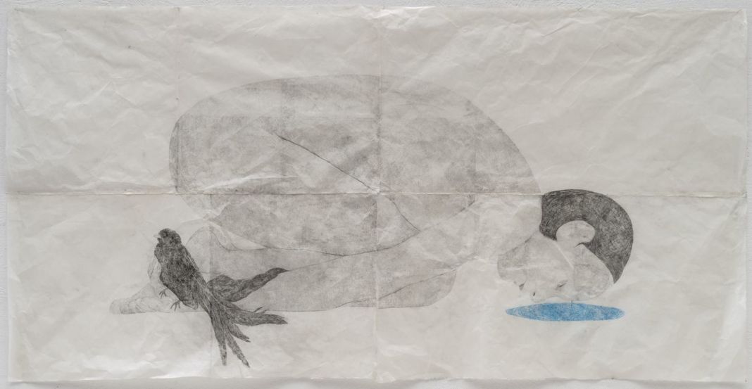 Marta Roberti, Piangere dal terzo occhio, 2019, grafite e pastello ad olio su carta dello Yunnan, 100x160 cm