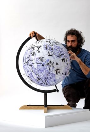 Pietro Ruffo, Migration Globe VIII, 2018 2019 75x75cmx H110cm ink and cut outs on paper laid on canvas